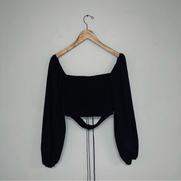Lioness Long Sleeve Crop Blouse Women's Size Medium Black‎ Tie-Front Top Puff - Picture 6 of 12